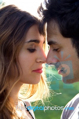 Outdoor Portrait Of Young Caucasian Couple At The Park Stock Photo