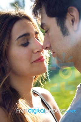 Outdoor Portrait Of Young Caucasian Couple At The Park Stock Photo