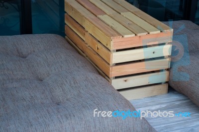 Outdoor Wooden Box Table And Seat Stock Photo