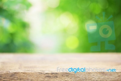 Outdoor Wooden Table View Stock Photo