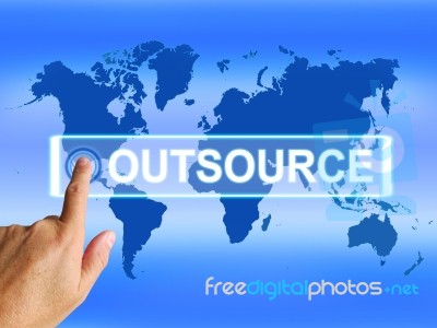 Outsource Map Means Worldwide Subcontracting Or Outsourcing Stock Image