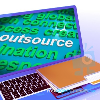 Outsource Word Cloud Laptop Shows Subcontract And Freelance Stock Image