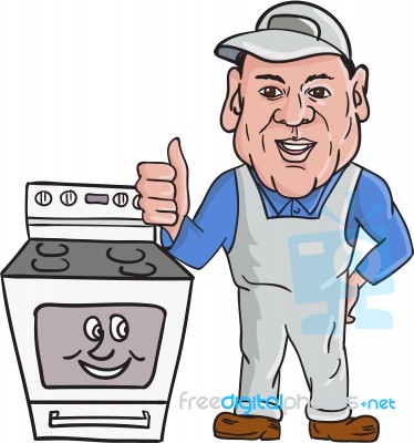 Oven Cleaner With Oven Thumbs Up Cartoon Stock Image