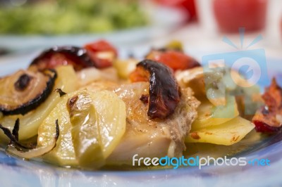 Oven Codfish With Potatoes Meal Stock Photo