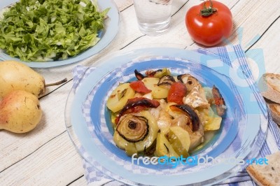 Oven Codfish With Potatoes Meal Stock Photo