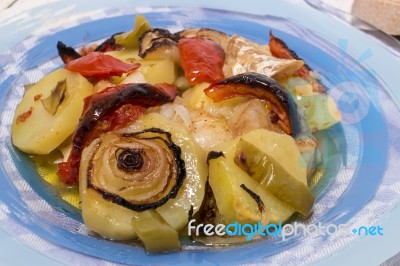 Oven Codfish With Potatoes Meal Stock Photo