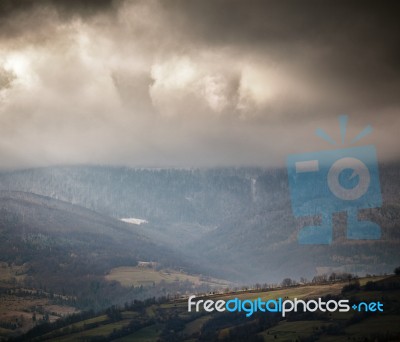 Overcast Scene In Cloudy Mountains. Autumn Rain Stock Photo