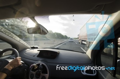 Overtaking A Truck On A Highway Stock Photo