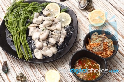 Oyster Seafood Lemon Fresh Asia Fried Shallots Sauce Thailand Stock Photo