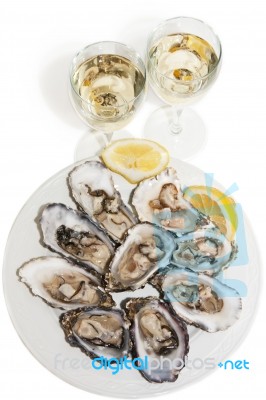 Oysters With Wine Stock Photo