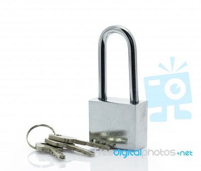 Padlock With Three Keys On White Background Stock Photo