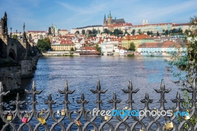 Padlocks On The Railings Of The Charles Bridge In Prague Stock Photo