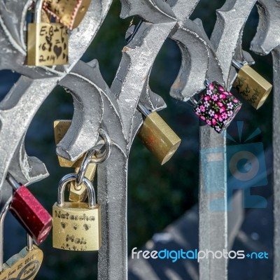 Padlocks On The Railings Of The Charles Bridge In Prague Stock Photo