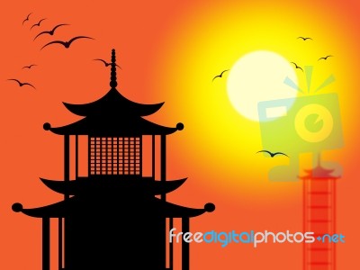 Pagoda Silhouette Indicates Zen Buddhism And Worship Stock Image