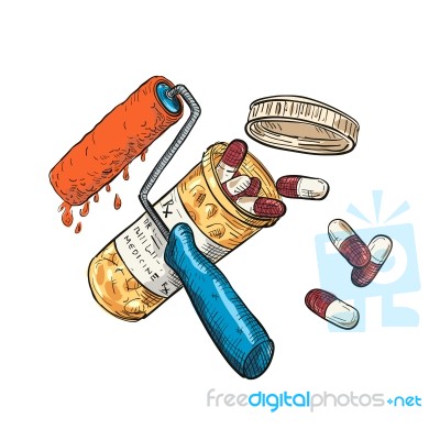 Paint Roller Medicine Capsule Bottle Drawing Color Stock Image