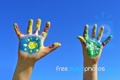 Painted Kid Hands Stock Photo