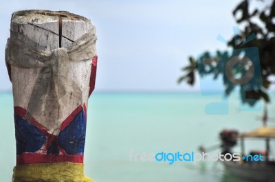 Painted Wooden Columns, A Belief Of The Moken Stock Photo