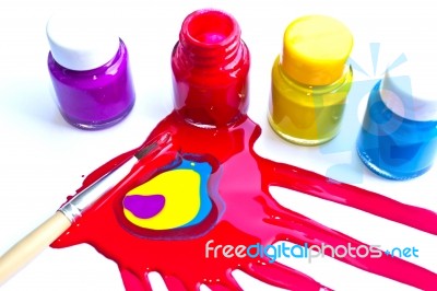 Painting Brush With Bottles Stock Photo