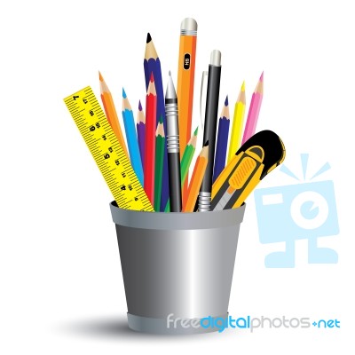 Painting Tool In Office Isolated On White Background. Colored Pencil, Pen And Ruler In Office A Full Set Stock Image