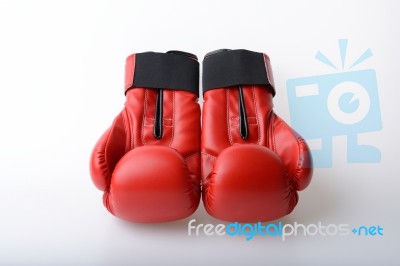 Pair Of Red Leather Boxing Gloves Isolated On White Stock Photo