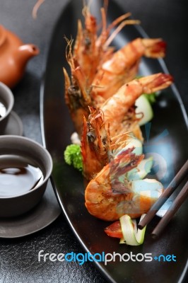 Pan Fried Tiger Prawn Stock Photo