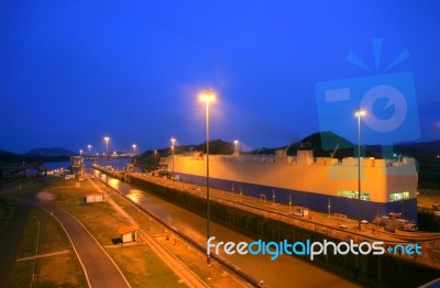 Panama Canal In The Sunset Stock Photo