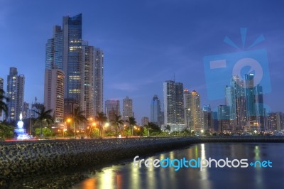 Panama City Skyline And Bay Of Panama, Central America In The Tw… Stock Photo