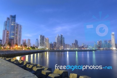 Panama City Skyline And Bay Of Panama, Central America In The Tw… Stock Photo