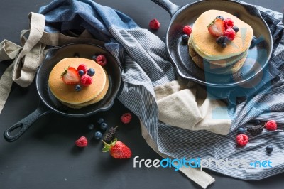 Pancakes With Blueberries  & Raspberry On Wood Background Stock Photo