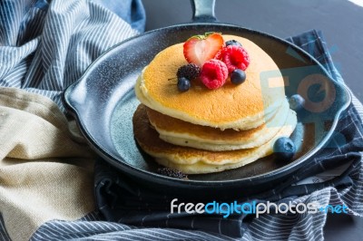 Pancakes With Blueberries  & Raspberry On Wood Background Stock Photo