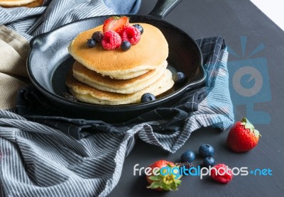 Pancakes With Blueberries  & Raspberry On Wood Background Stock Photo