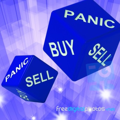 Panic, Buy, Sell Dice Background Showing International Transacti… Stock Image