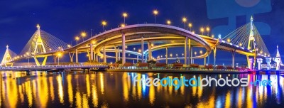 Panorama Of Bhumibol Suspension Bridge In Thailand Stock Photo