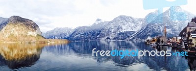 Panorama Of Hallstatt Lake And Snow Mountain In Hallstatt Stock Photo