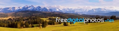 Panorama Of Snowy Tatra Mountains In Spring, South Poland Stock Photo