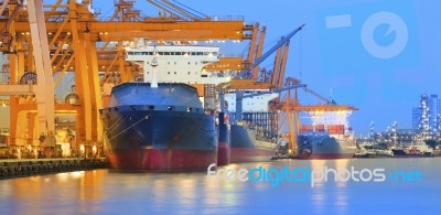 Panorama Scene Of Ship Yard With Heavy Crane In Beautiful Twilig… Stock Photo