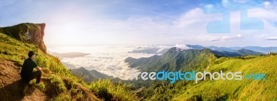 Panorama Sunrise Over The Mountain Stock Photo