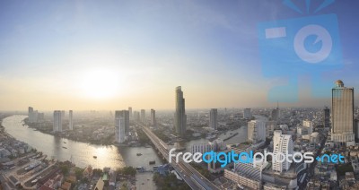 Panorama View Beautiful Curve Of Chao Phraya River And High Buil… Stock Photo