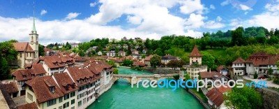 Panorama View Of Historical Old Town City And River On Bridge In Bern Stock Photo