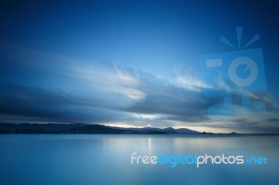 Panoramic Dramatic Tropical Sunset Sky And Sea At Dusk Stock Photo