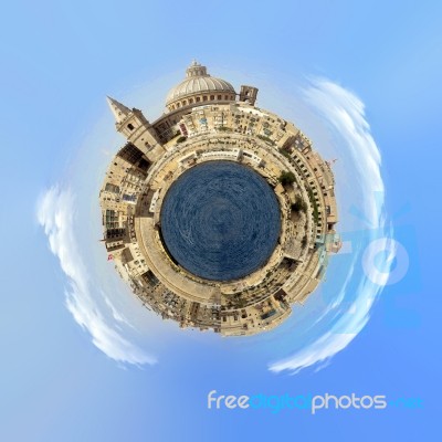 Panoramic Image Of Valletta, Capital Of Malta, Little Planet Effect Know Also As Stereographic Projection Stock Photo