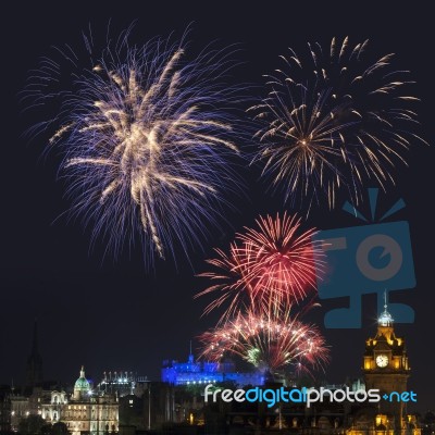 Panoramic Vew On Edinburgh Castle With Fireworks Stock Photo