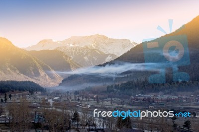 Panoramic View Of Beautiful Mountain Landscape Small Village  Stock Photo