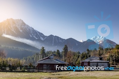 Panoramic View Of Beautiful Mountain Landscape Small Village  Stock Photo