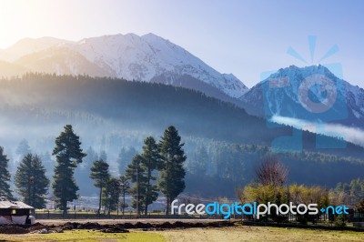 Panoramic View Of Beautiful Mountain Landscape Small Village  Stock Photo