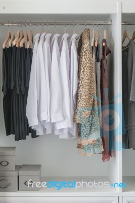 Pants, Shirts And Dress Hanging Stock Photo