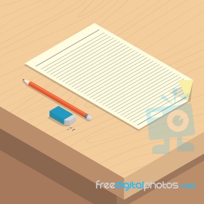 Paper Pencil Rubber Stationary On Desk Isometric Stock Image