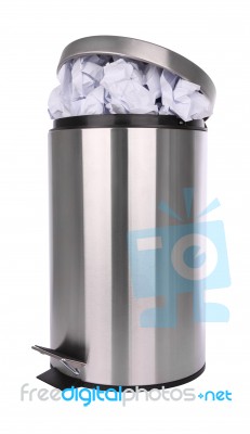 Paper Waste In Trash Can Scratch Surface On White Background Stock Photo