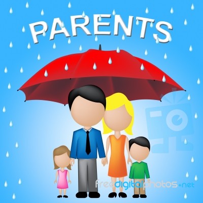 Parents Umbrella Shows Mother Father And Child Stock Image