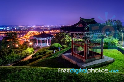 Park And Banghwa Bridge At Night,korea Stock Photo